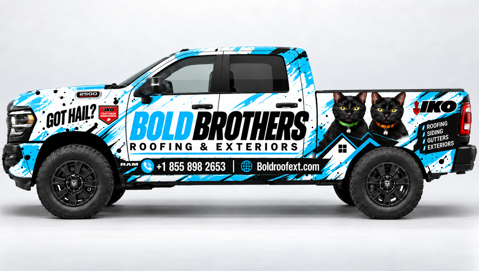 BOLD Brothers Roofing & Exteriors wrapped pickup truck in light blue, black, and white